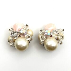 Vintage Faux Pearl Aurora Borealis Crystal Cluster Clip On Earrings Pink Cream